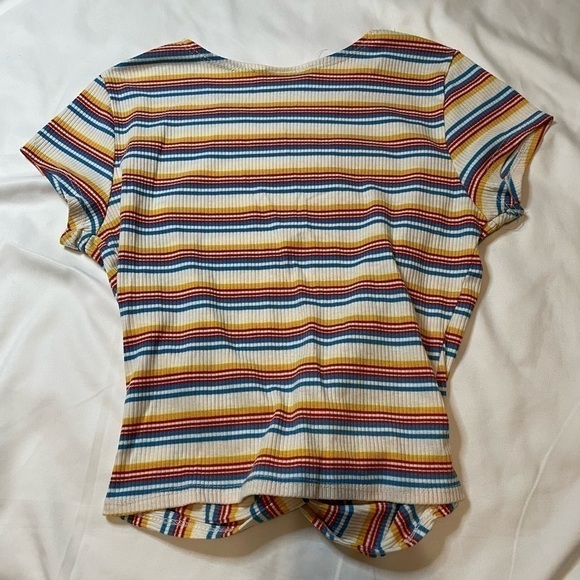 Poof size large blue/red/orange stripped ripped short sleeve t-shirt. - Picture 2 of 4